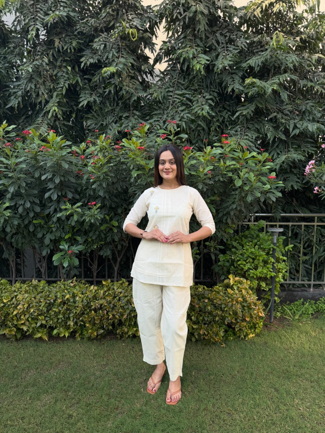 Embroidery Sunflower Pure Cotton White Co-ord Set