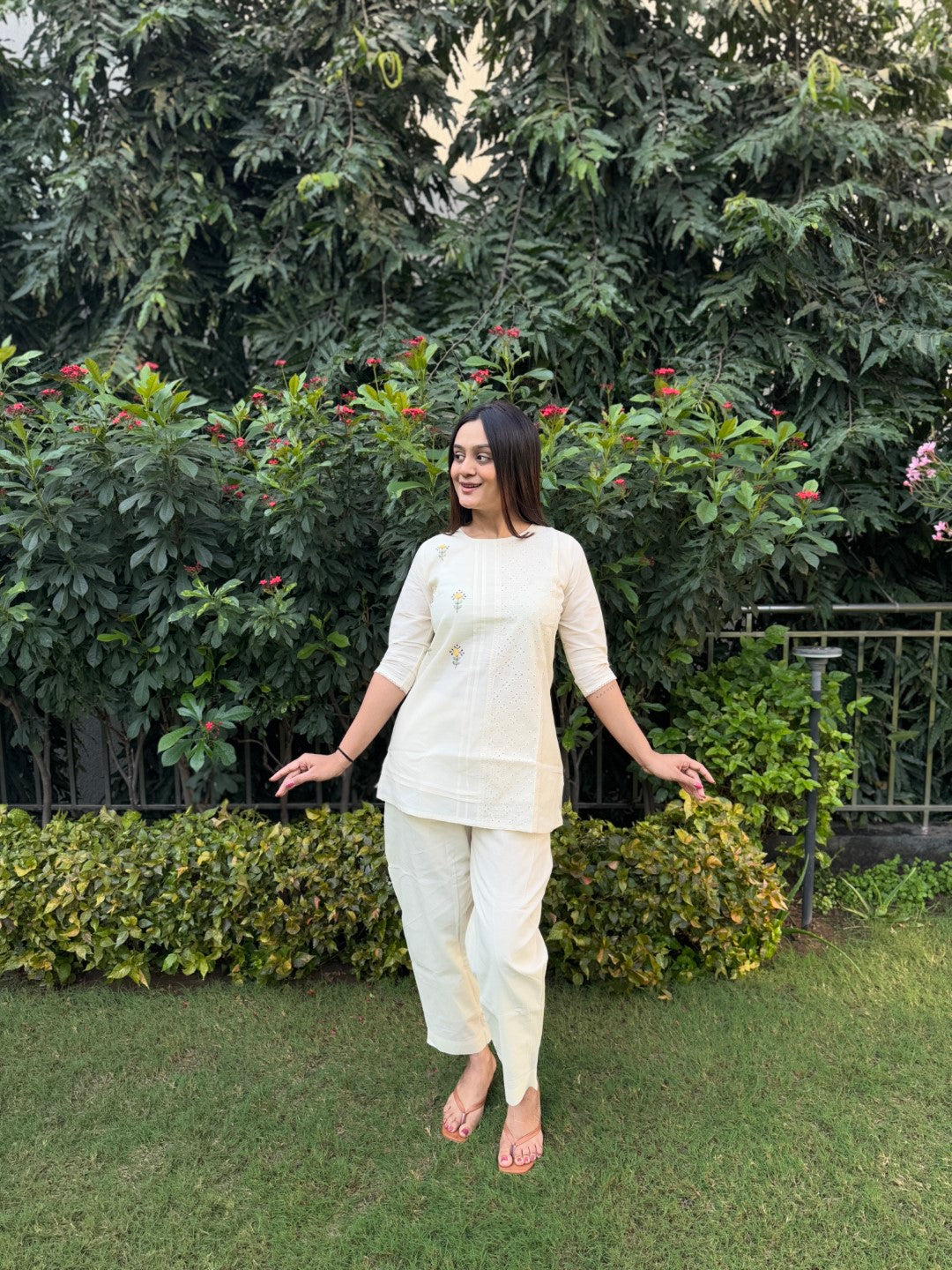 Embroidery Sunflower Pure Cotton White Co-ord Set