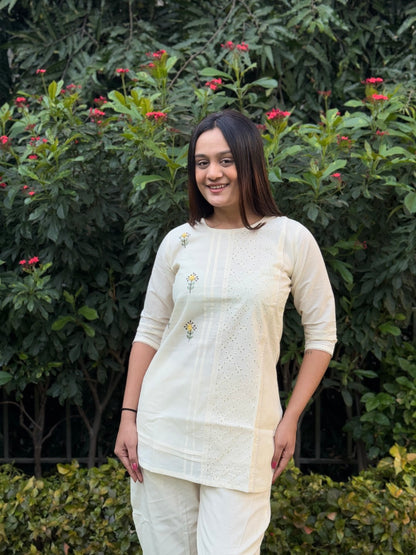 White Sunflower Tunic Daily Wear Embroidery Short Top