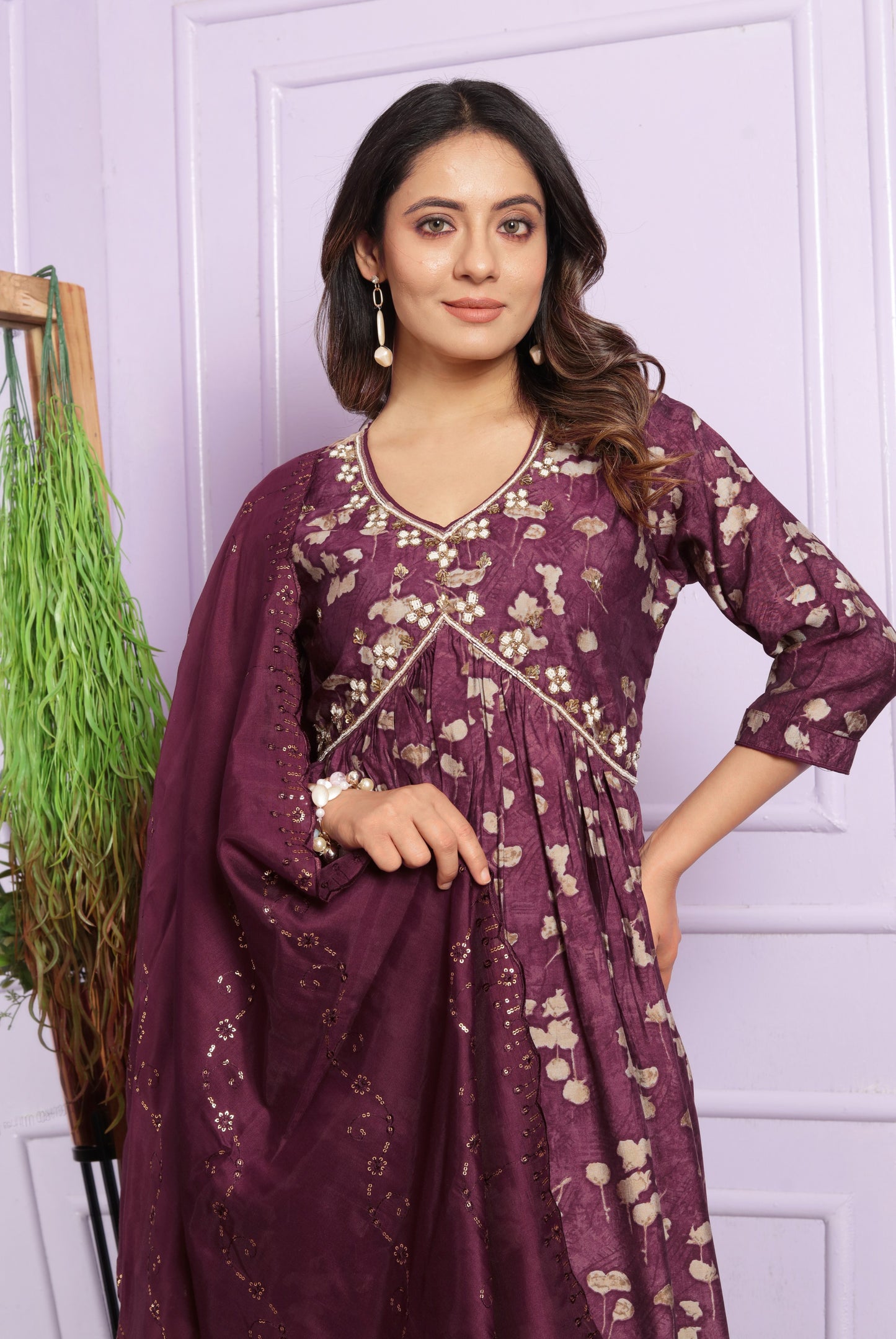 Wine Printed Silk Aliya Suit Set