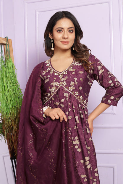 Wine Printed Silk Aliya Suit Set