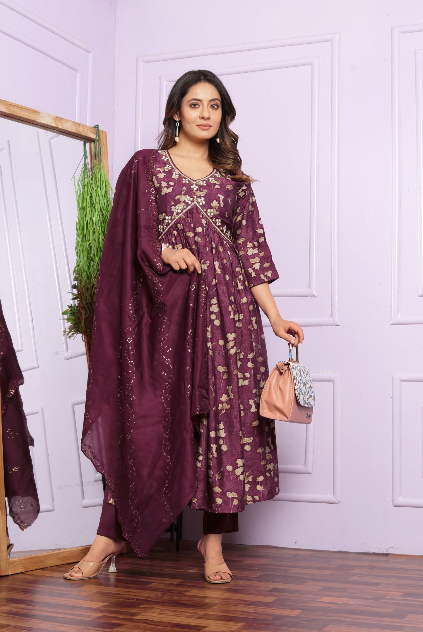 Wine Printed Silk Aliya Suit Set