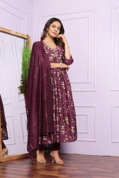 Wine Printed Silk Aliya Suit Set