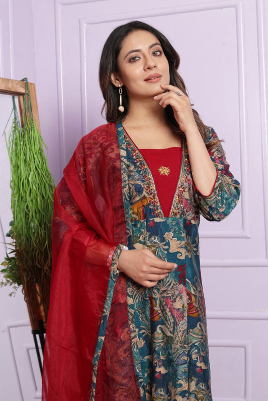 Wine Printed Silk Aliya Suit Set