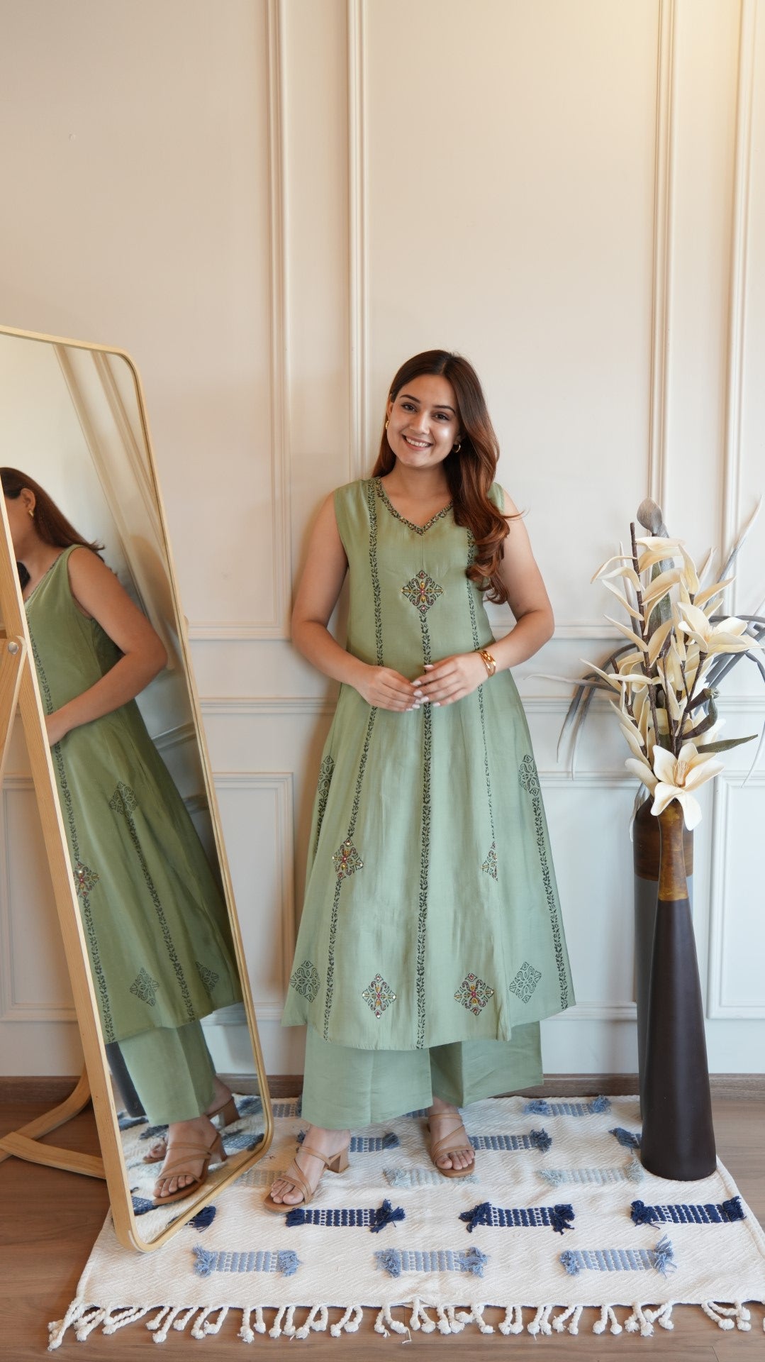 Pista Hand Block Printed Anarkali Plazzo Pair