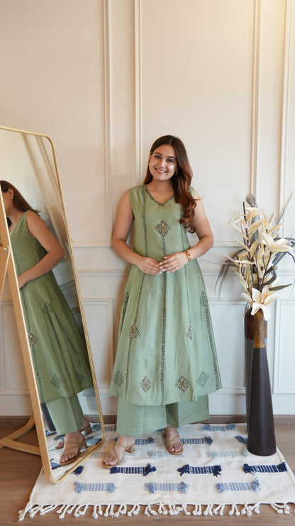 Pista Hand Block Printed Anarkali Plazzo Pair