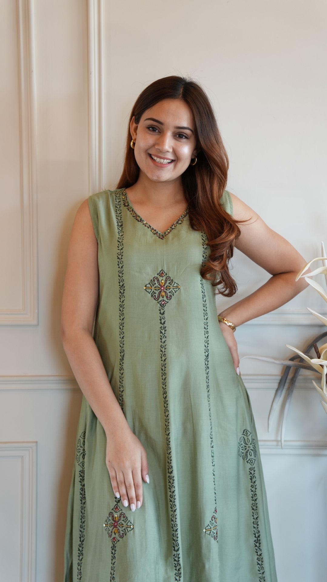 Pista Hand Block Printed Anarkali Plazzo Pair