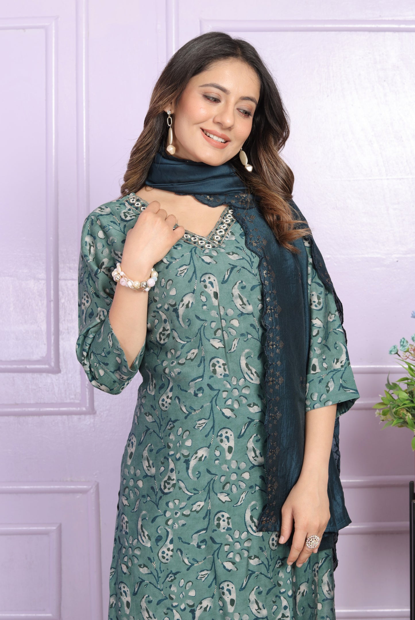 Green Printed Silk Hand Work Suit Set