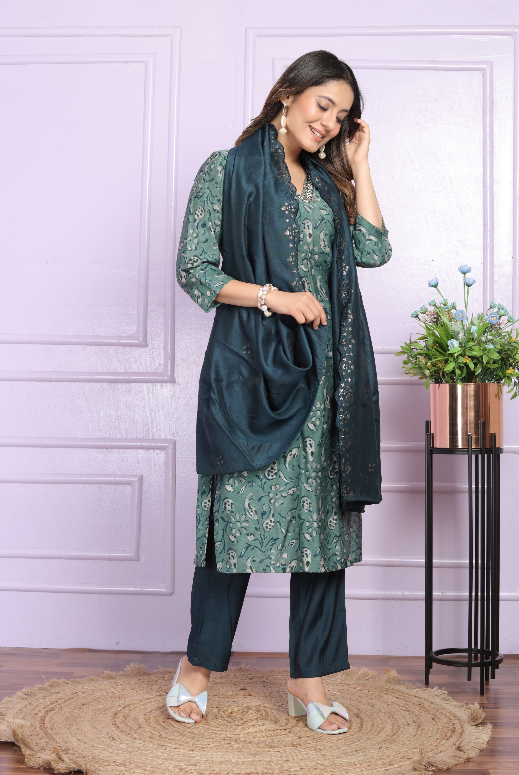 Green Printed Silk Hand Work Suit Set