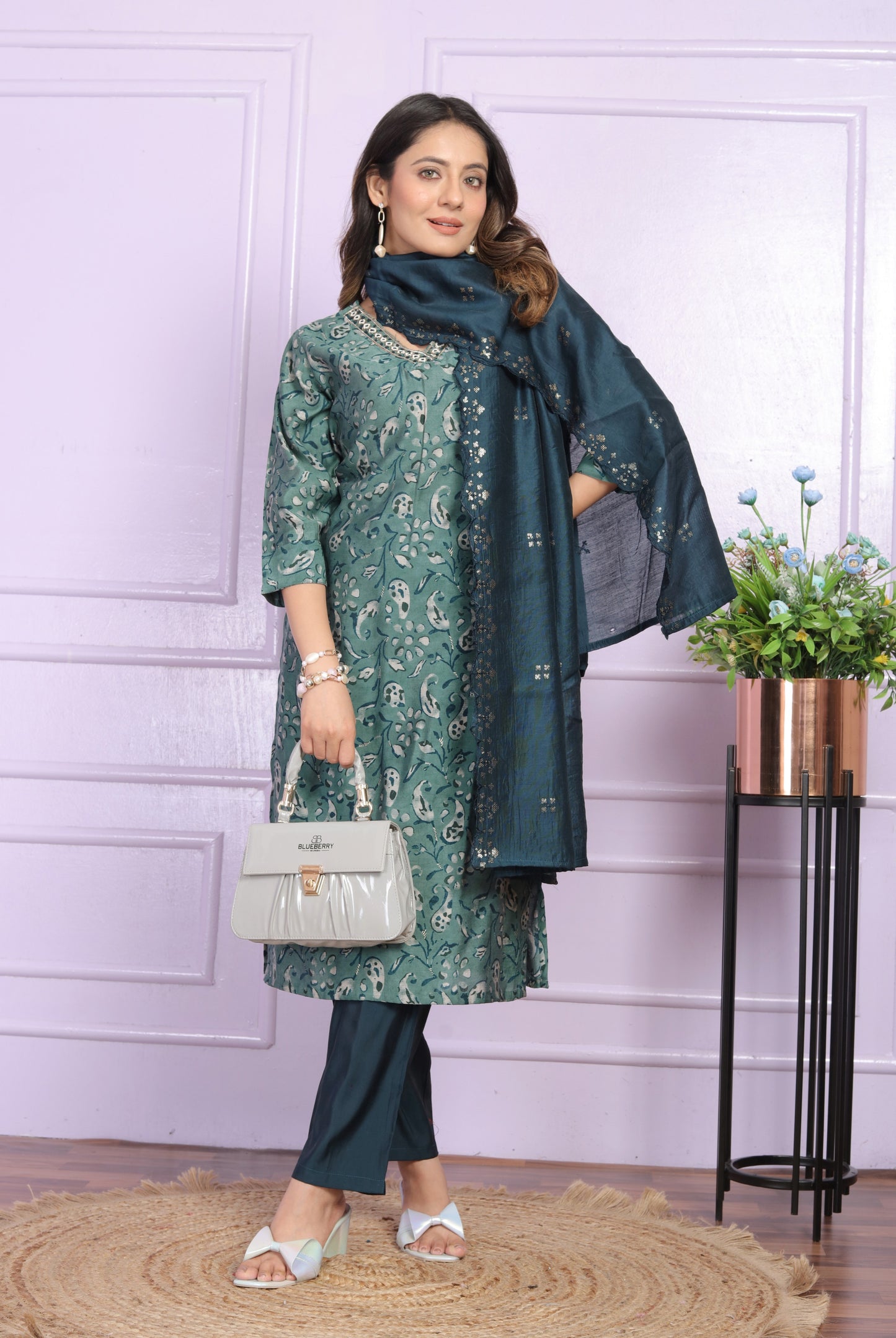 Green Printed Silk Hand Work Suit Set