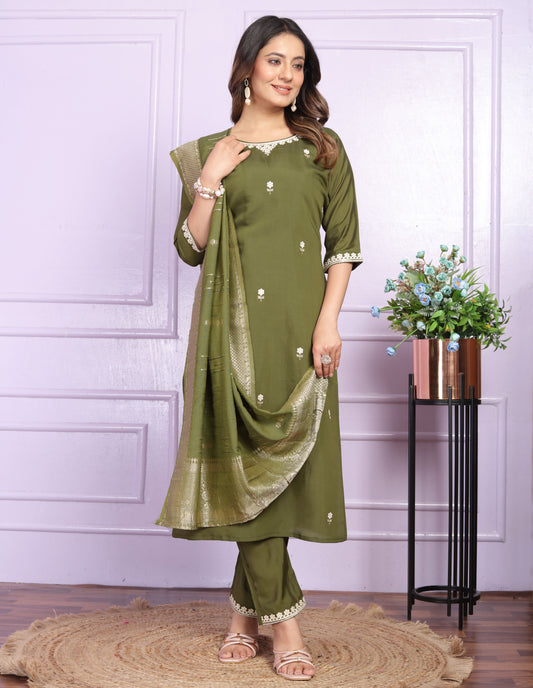 Mehndi Green Embroidery Silk  Suit Set