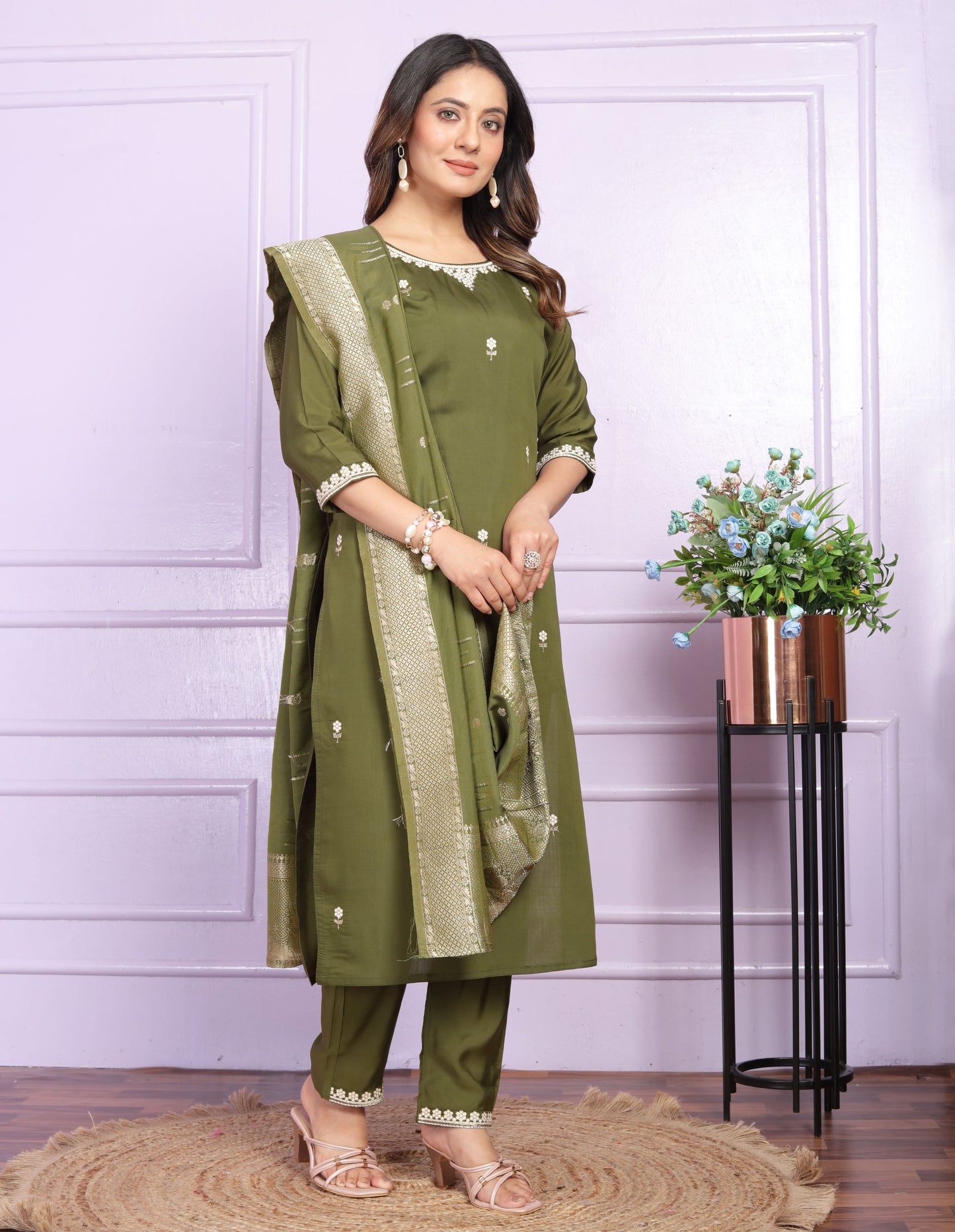 Mehndi Green Embroidery Silk  Suit Set