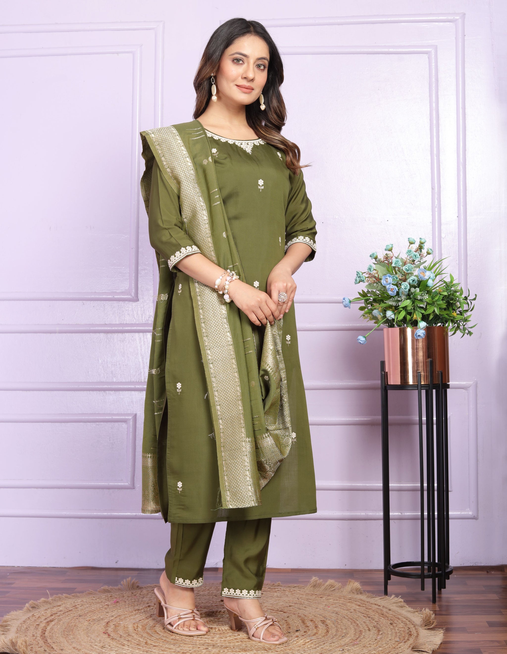 Mehndi Green Embroidery Silk  Suit Set