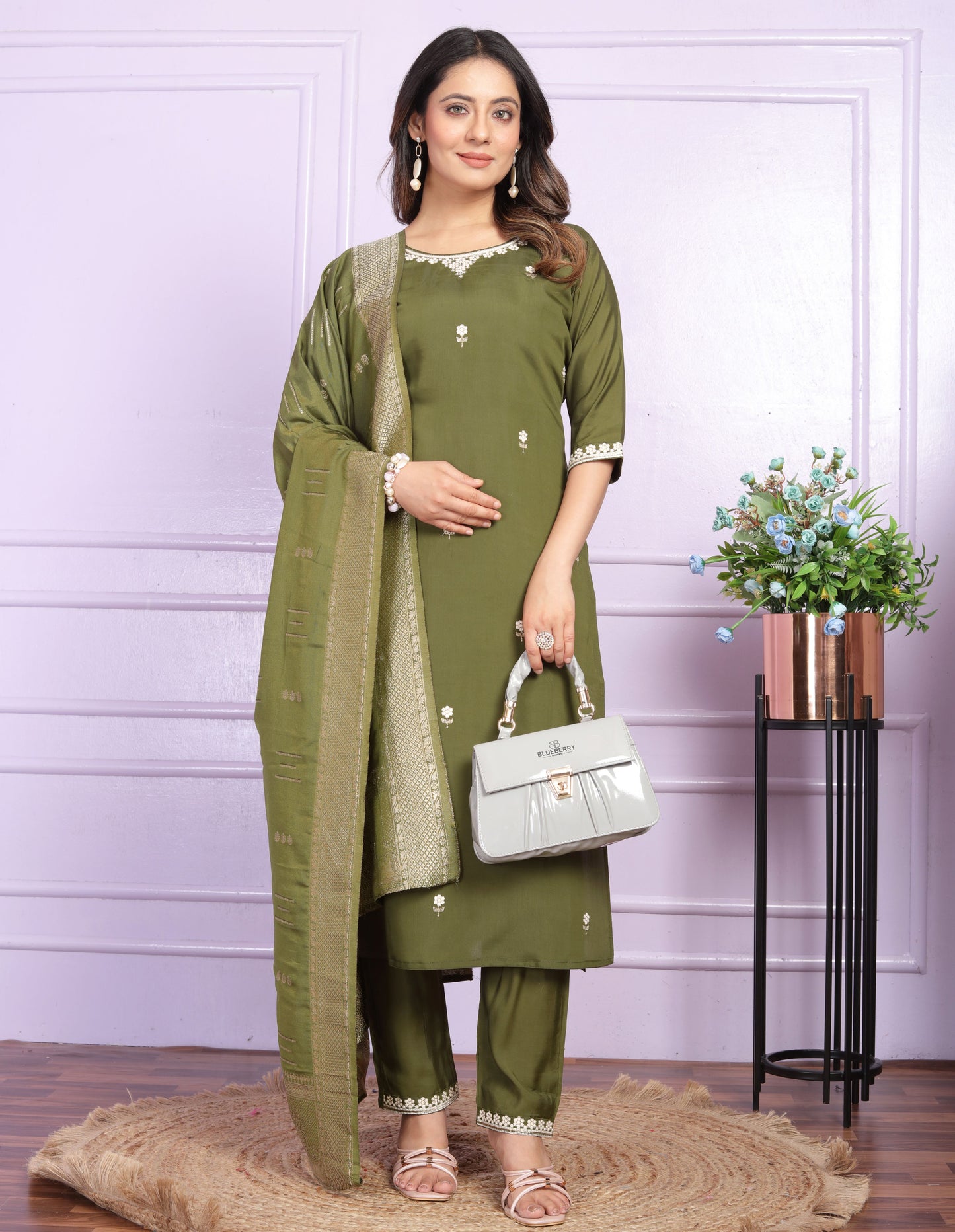 Mehndi Green Embroidery Silk  Suit Set