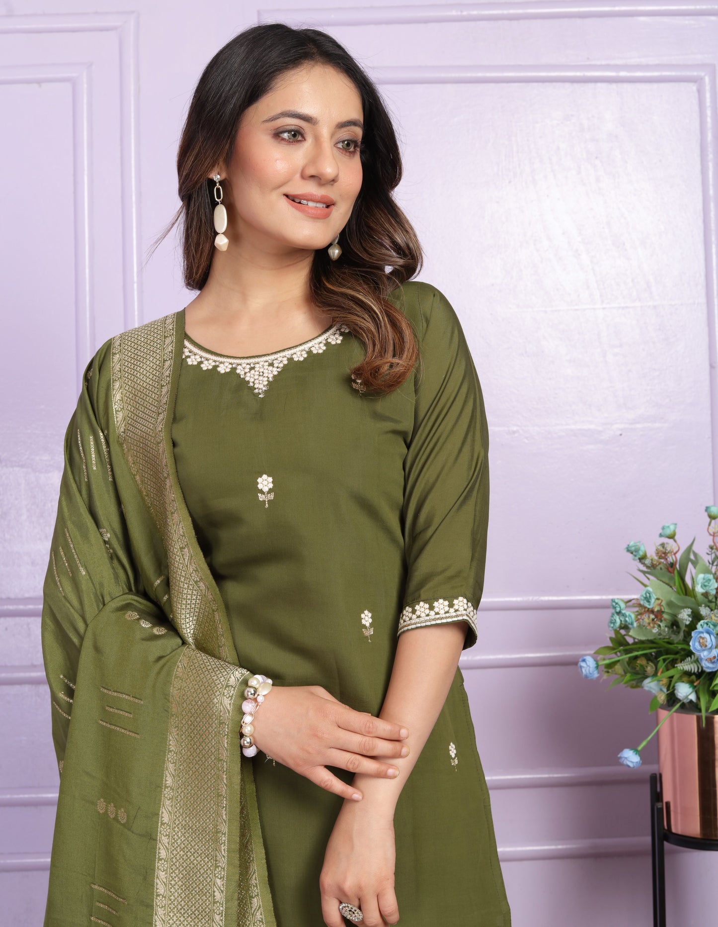 Mehndi Green Embroidery Silk  Suit Set
