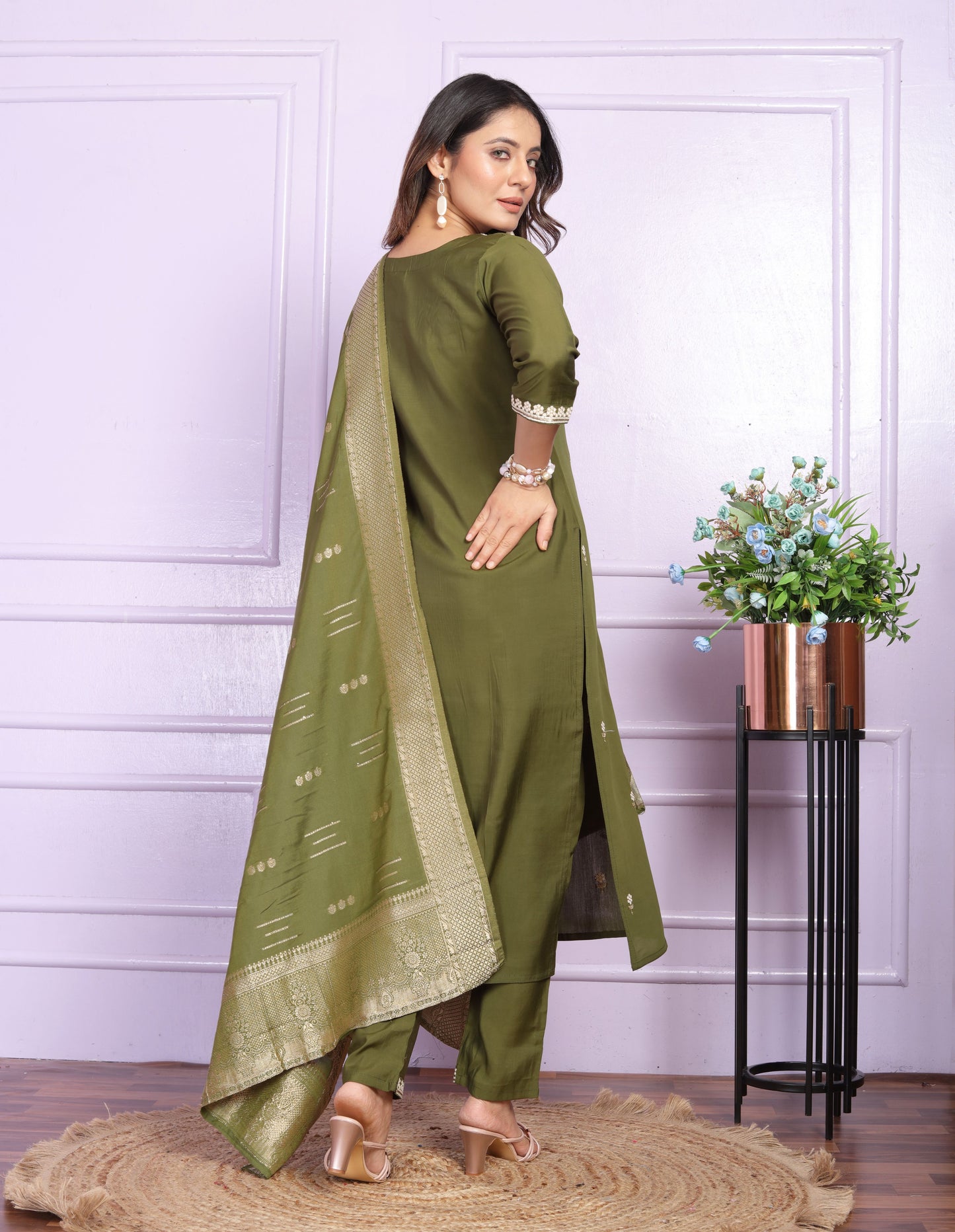 Mehndi Green Embroidery Silk  Suit Set