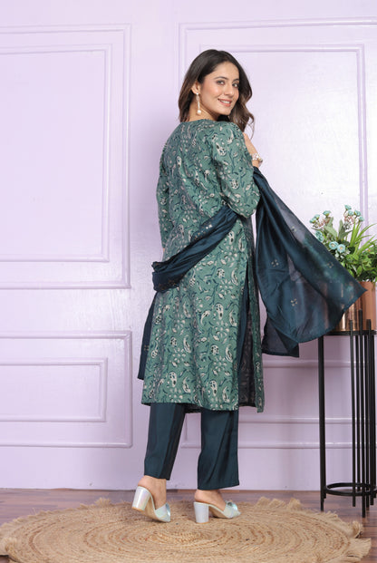 Green Printed Silk Hand Work Suit Set