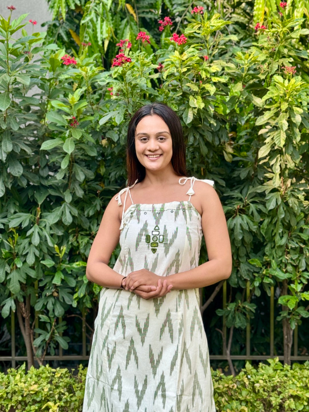 Green Ikkat Print Spaghetti Kurti With Qlots Pant