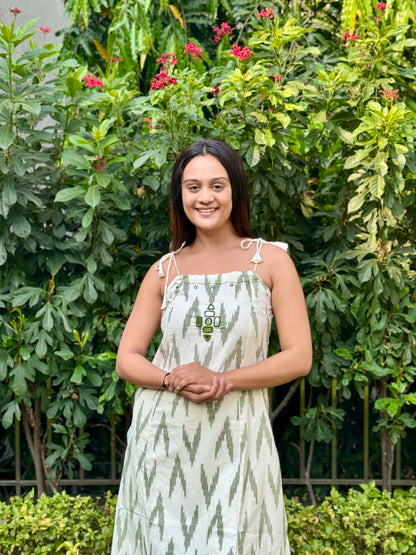 Green Ikkat Print Spaghetti Kurti With Qlots Pant