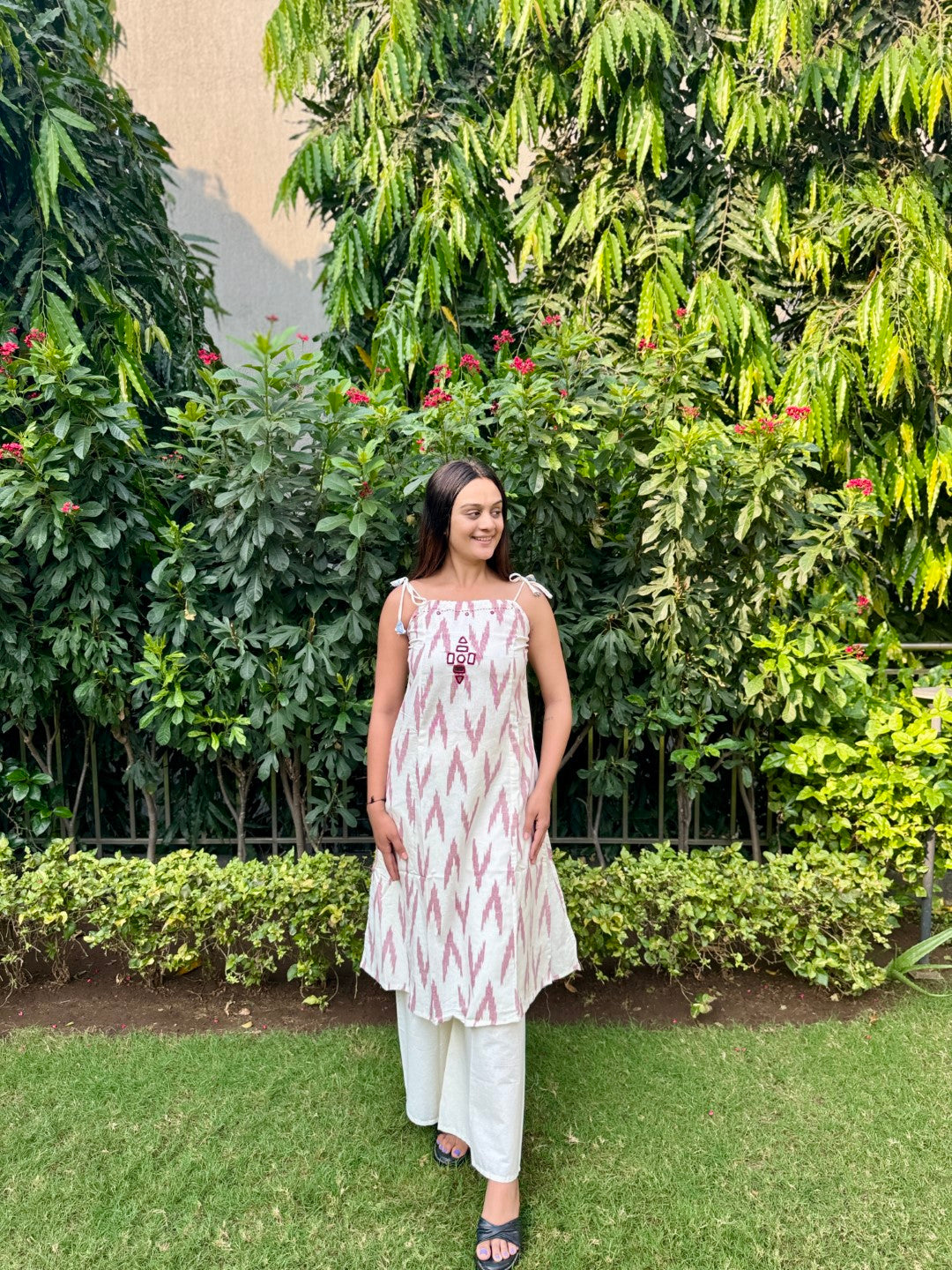 Peach Ikkat Print Spaghetti Kurti With Qlots Pant