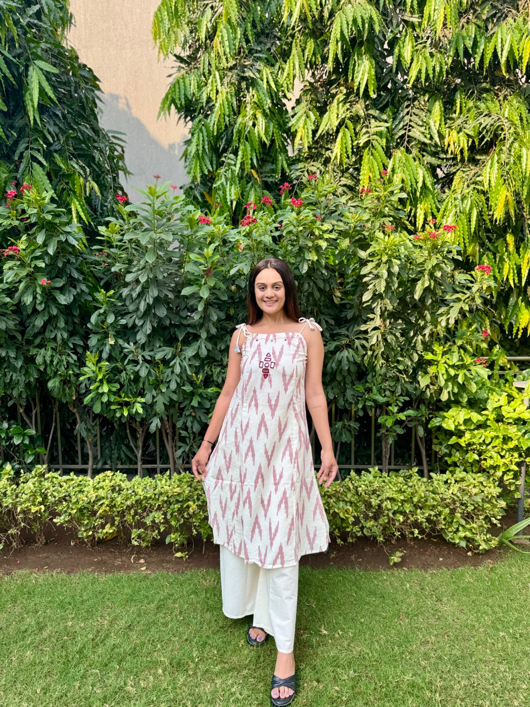 Peach Ikkat Print Spaghetti Kurti With Qlots Pant