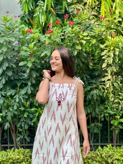 Peach Ikkat Print Spaghetti Kurti With Qlots Pant