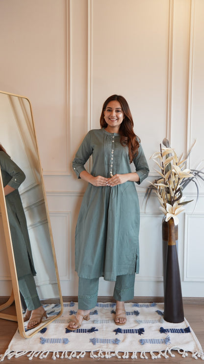 Grey A-Line Kurti Set Pintucks