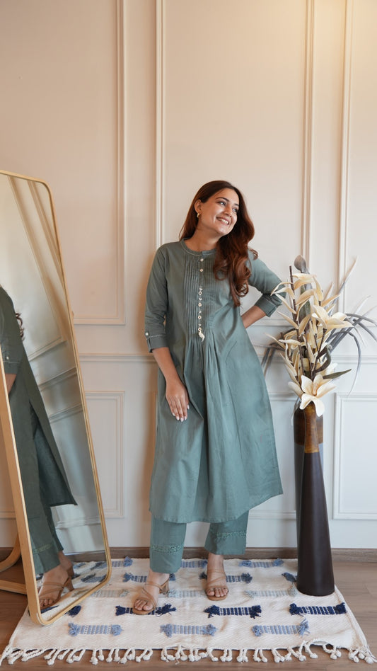Grey A-Line Kurti Set Pintucks