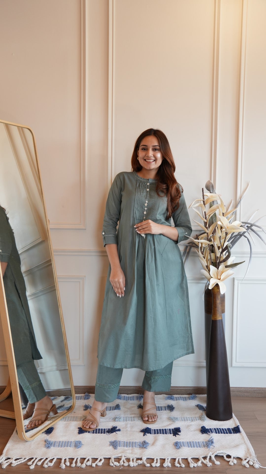 Grey A-Line Kurti Set Pintucks