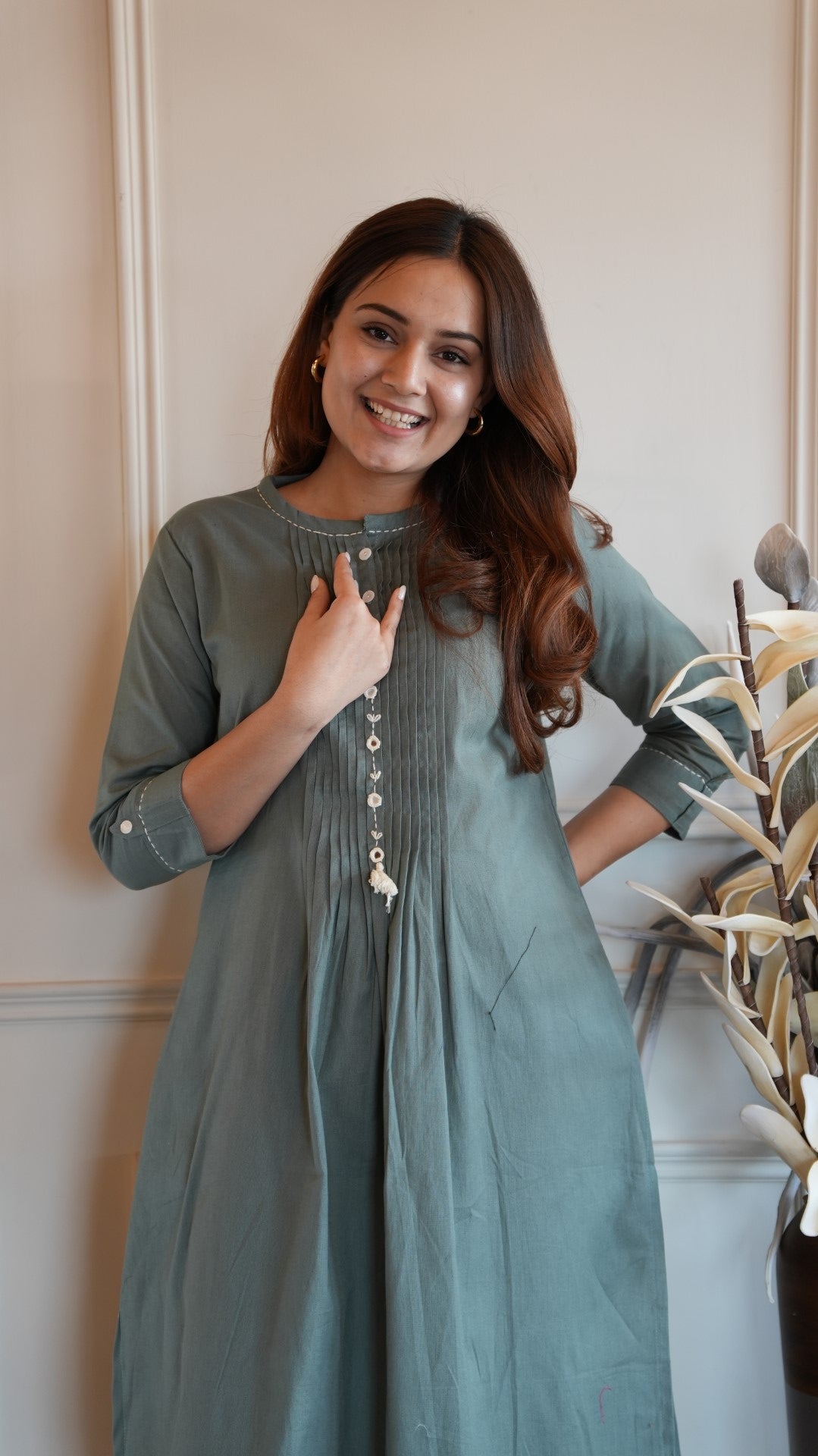 Grey A-Line Kurti Set Pintucks