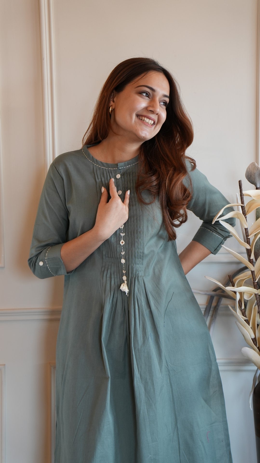 Grey A-Line Kurti Set Pintucks