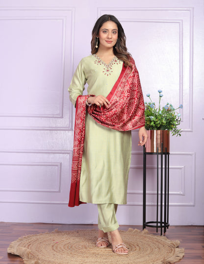 Pista Straight  Hand work Silk  Suit Set