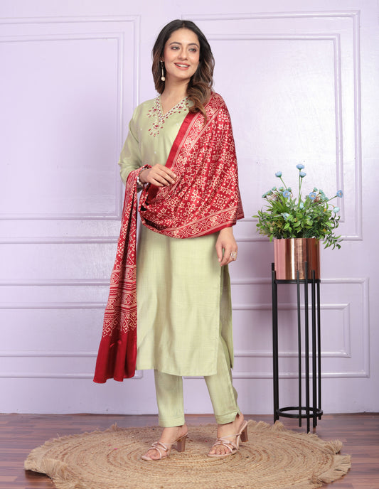 Pista Straight  Hand work Silk  Suit Set