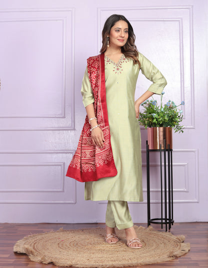 Pista Straight  Hand work Silk  Suit Set