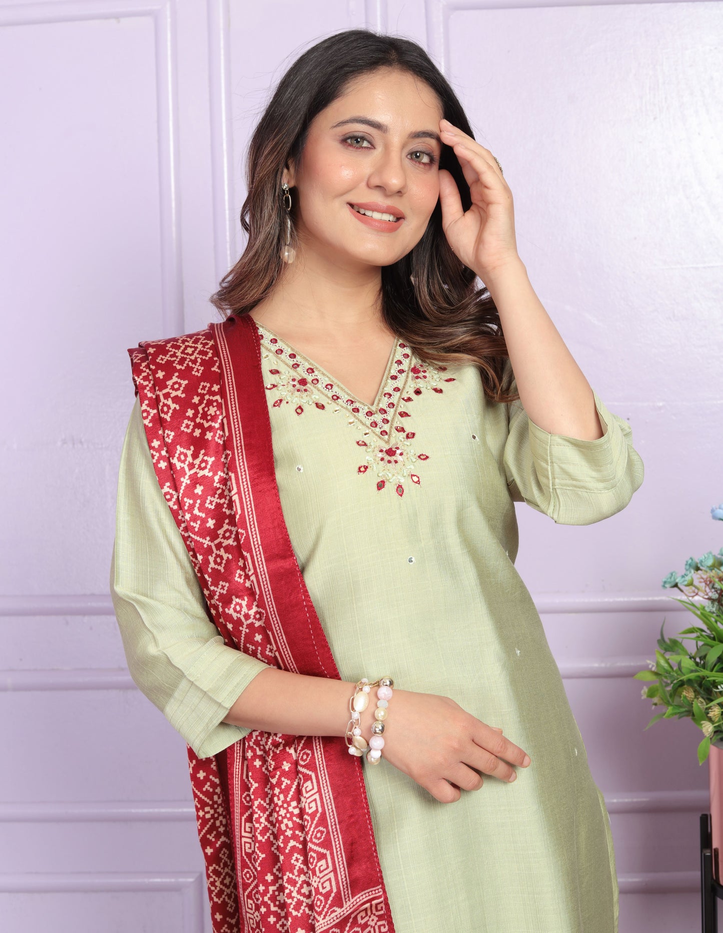 Pista Straight  Hand work Silk  Suit Set