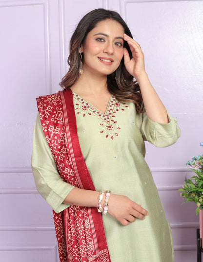 Pista Straight  Hand work Silk  Suit Set