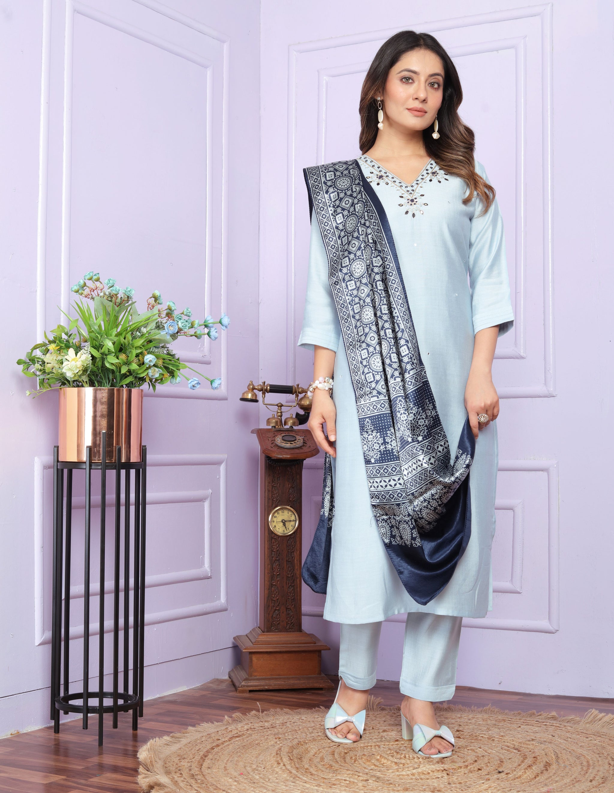 Sky Blue Straight  Hand work Silk  Suit Set