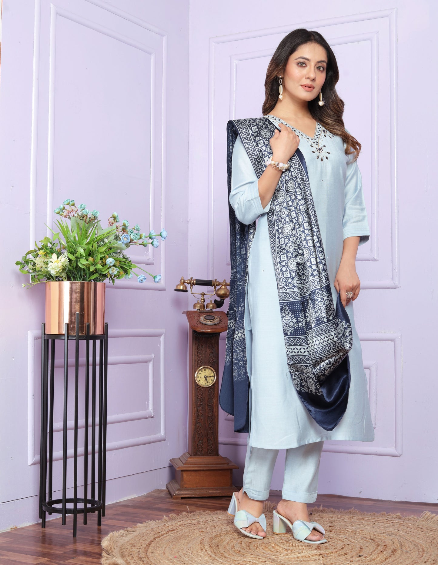 Sky Blue Straight  Hand work Silk  Suit Set