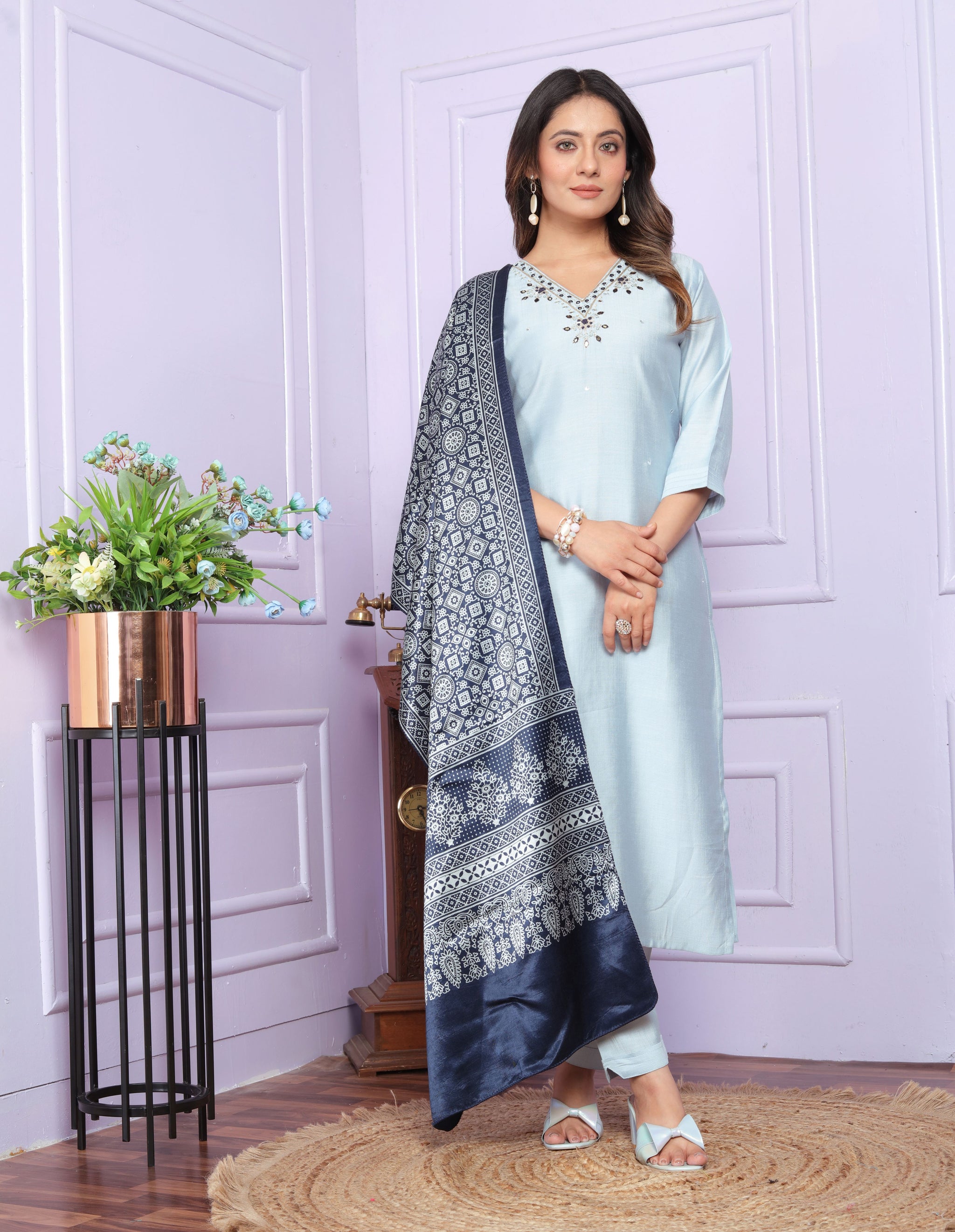 Sky Blue Straight  Hand work Silk  Suit Set