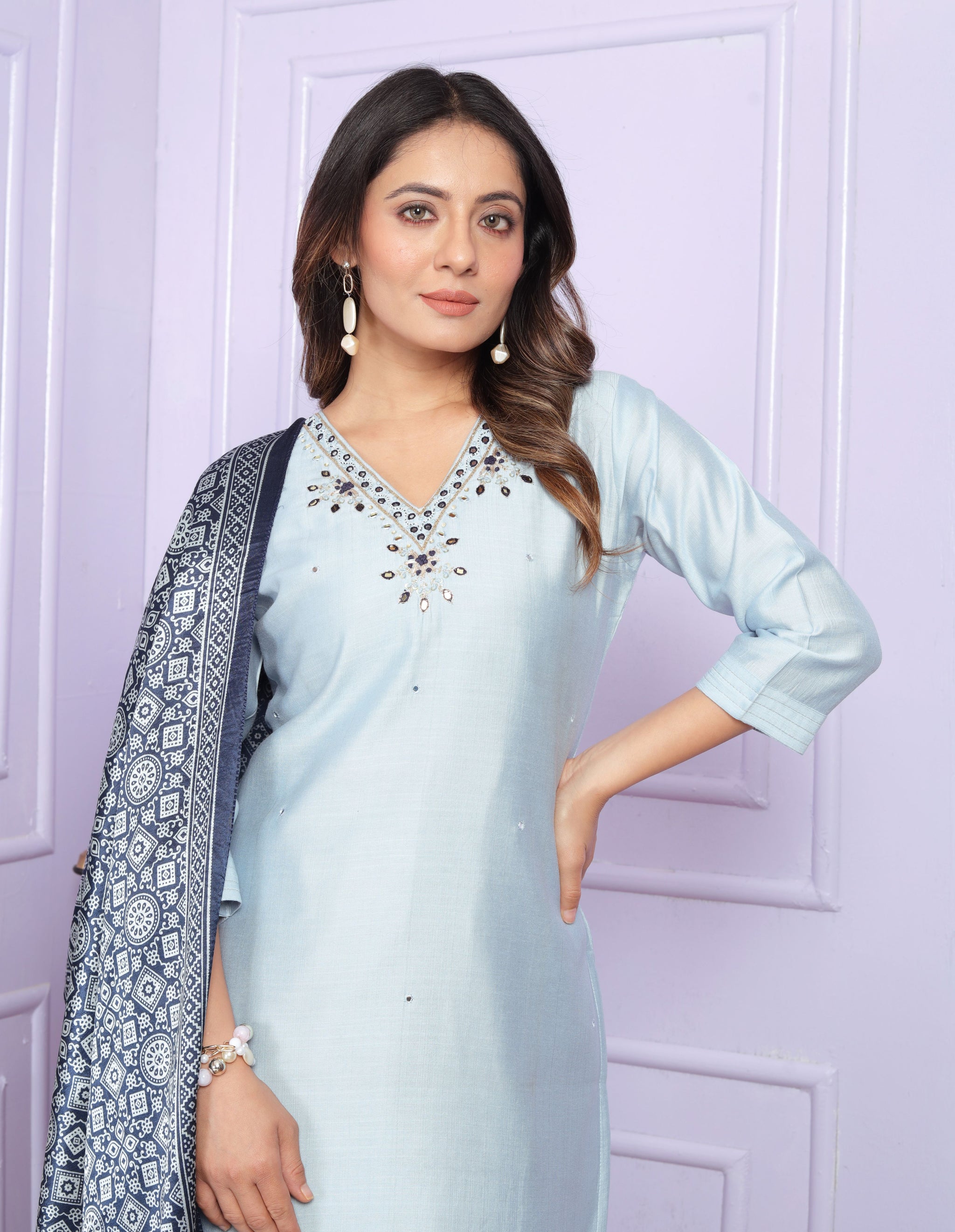 Sky Blue Straight  Hand work Silk  Suit Set
