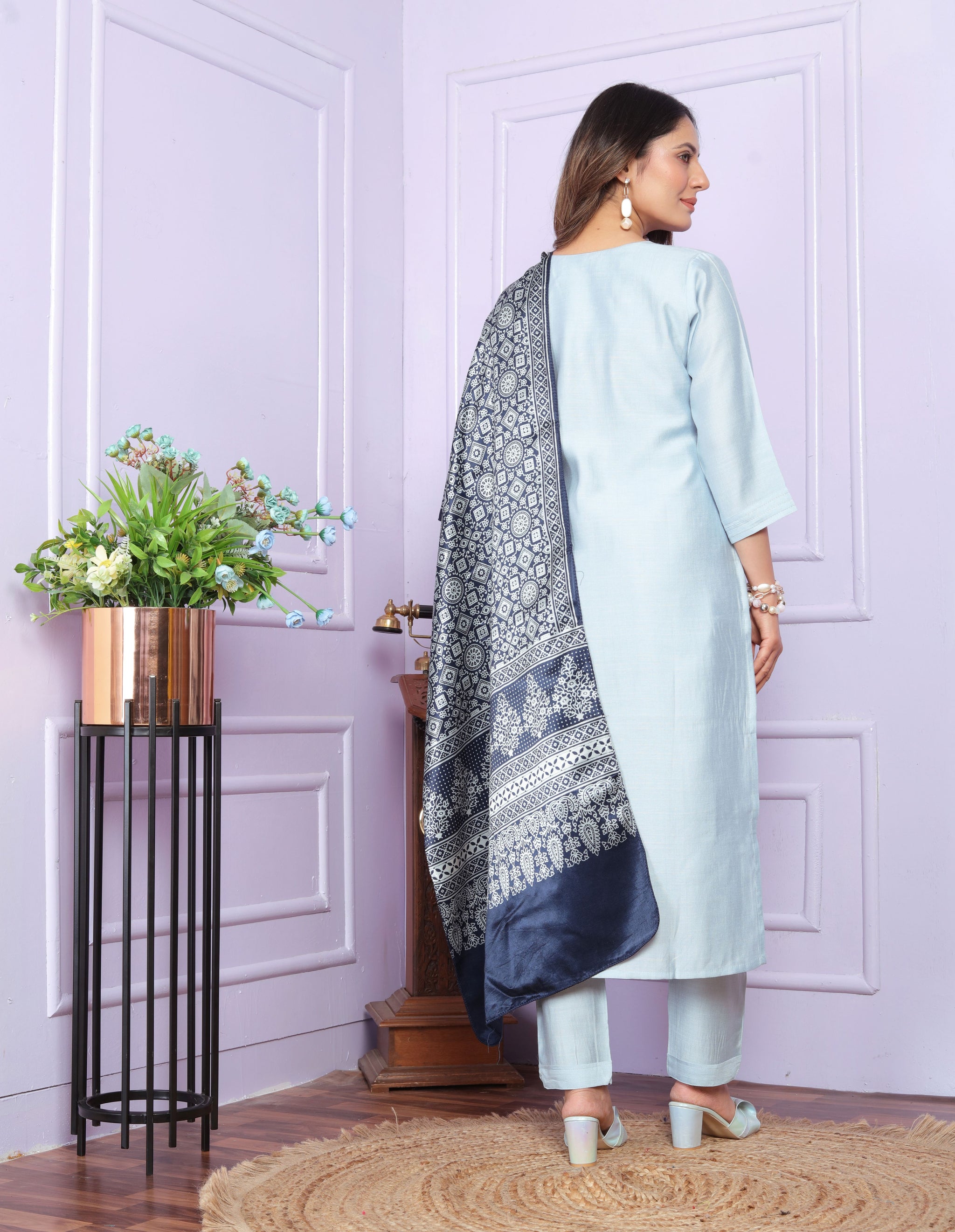Sky Blue Straight  Hand work Silk  Suit Set