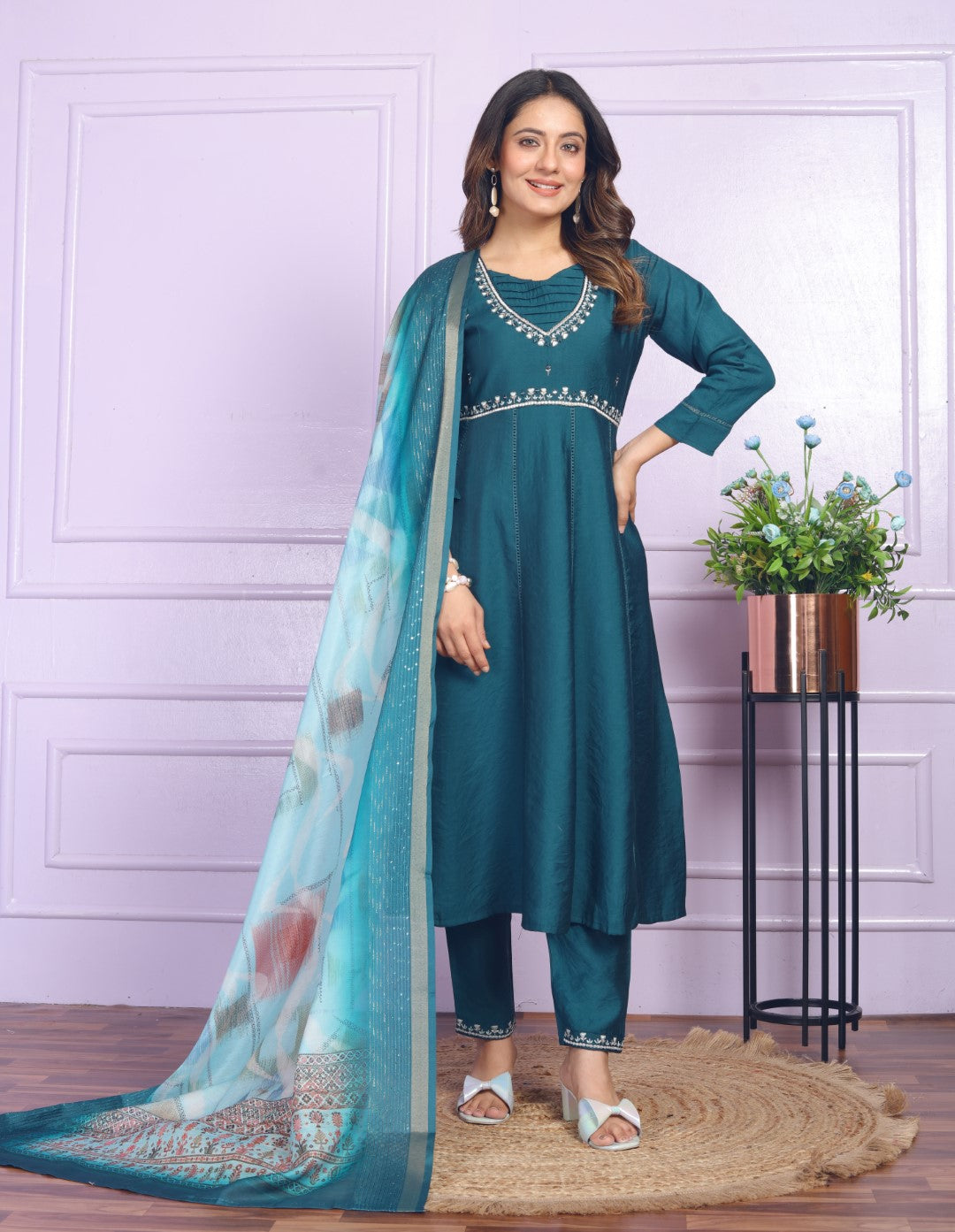 viscose Kerosine Blue Round Kurti With Pant