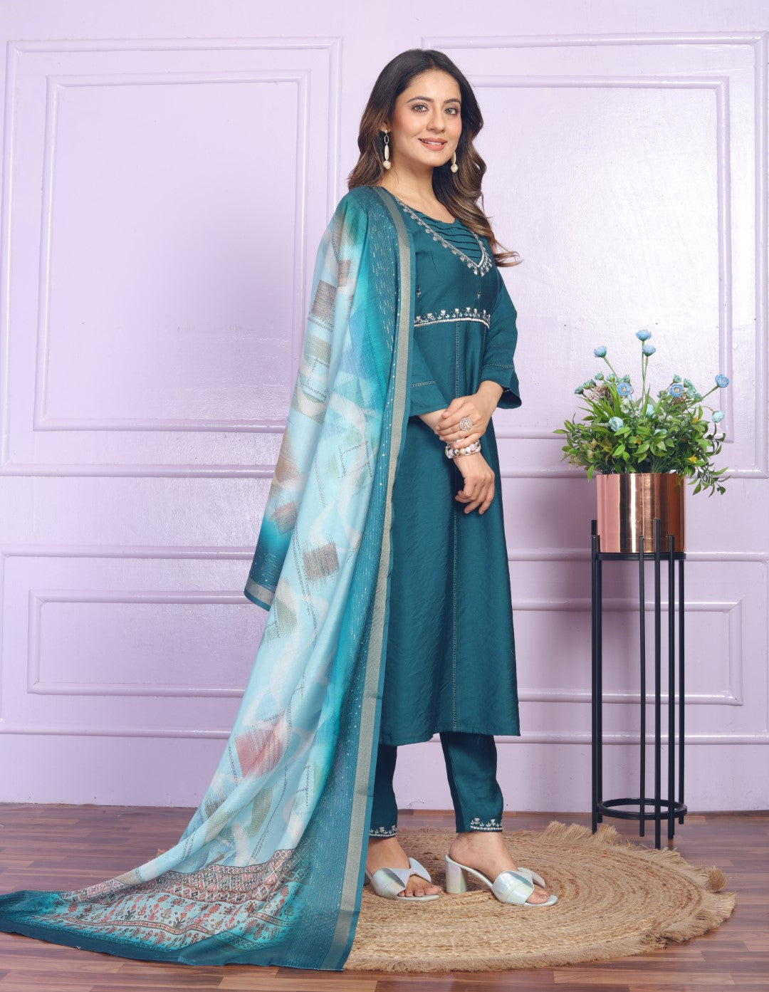 viscose Kerosine Blue Round Kurti With Pant