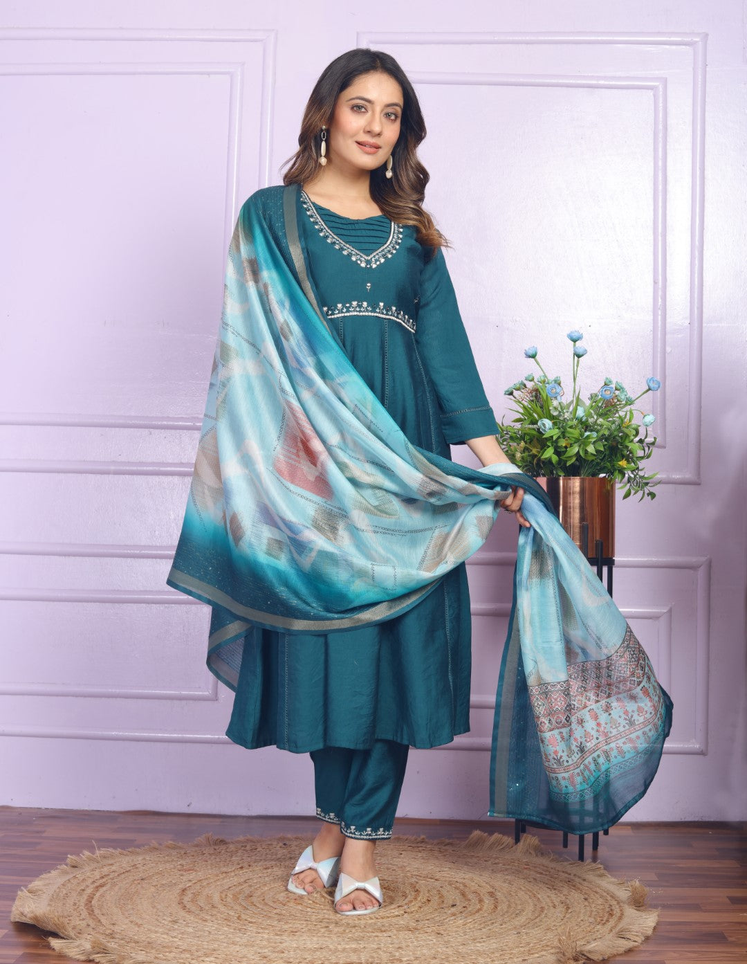 viscose Kerosine Blue Round Kurti With Pant