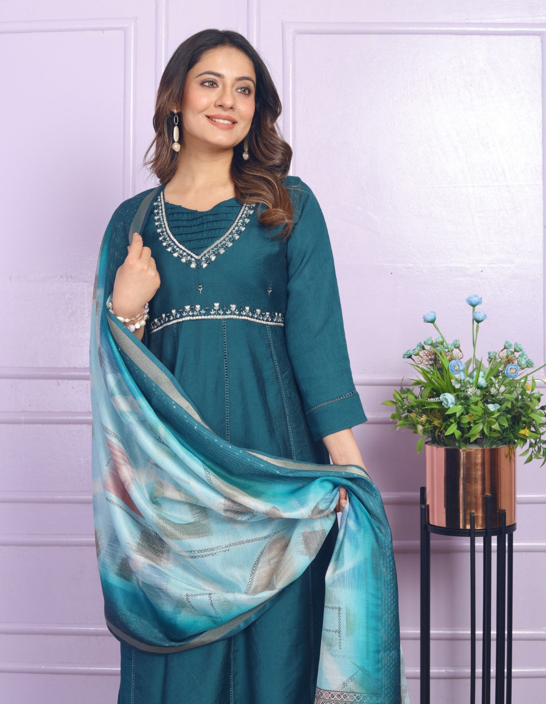 viscose Kerosine Blue Round Kurti With Pant