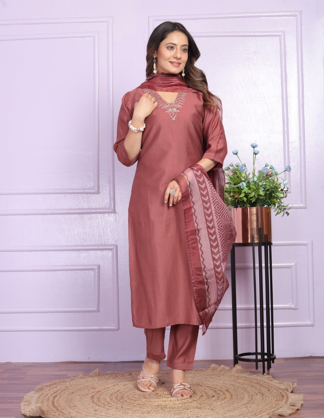 Silk V-Neck Gajari Straight Kurti With Pant