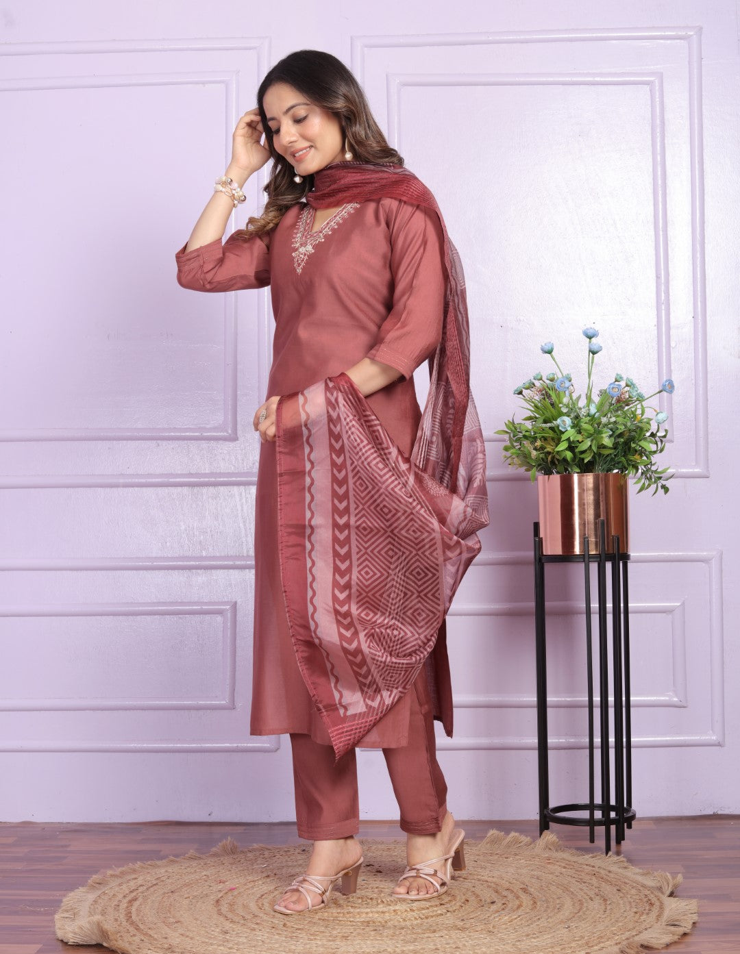 Silk V-Neck Gajari Straight Kurti With Pant