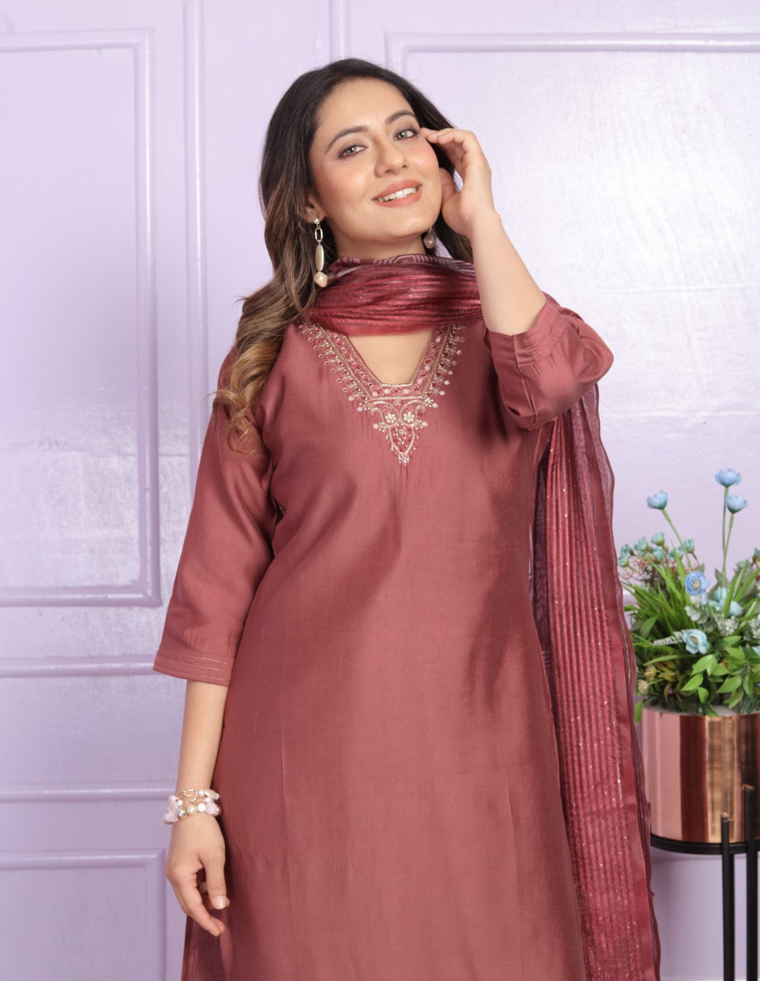 Silk V-Neck Gajari Straight Kurti With Pant