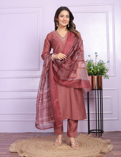 Silk V-Neck Gajari Straight Kurti With Pant