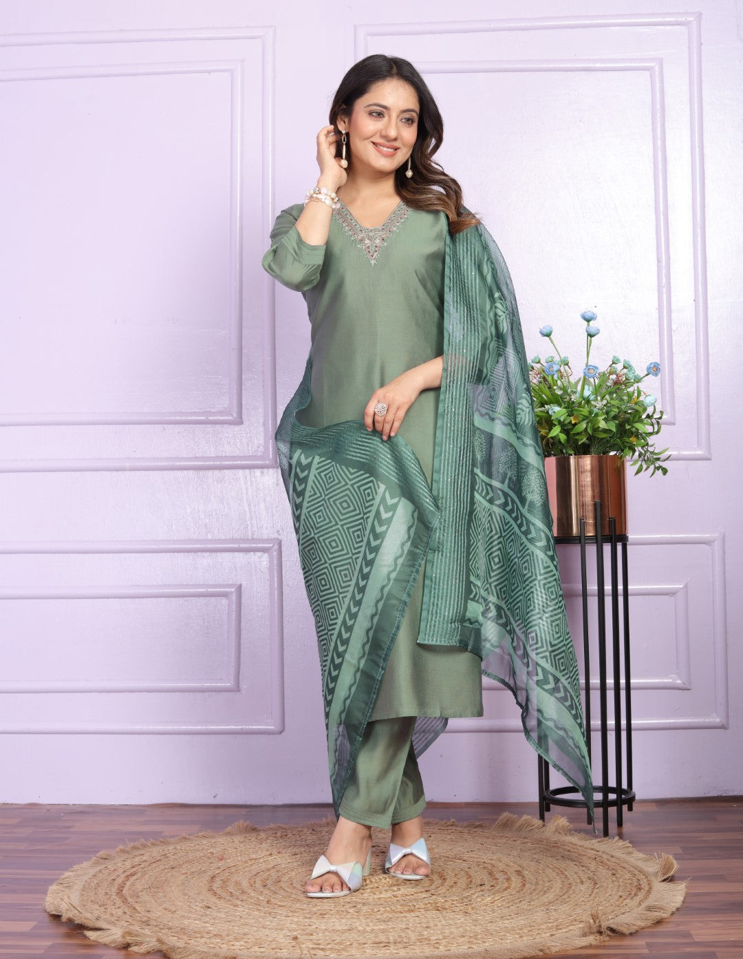 Silk V-Neck Green Straight Kurti with Pant